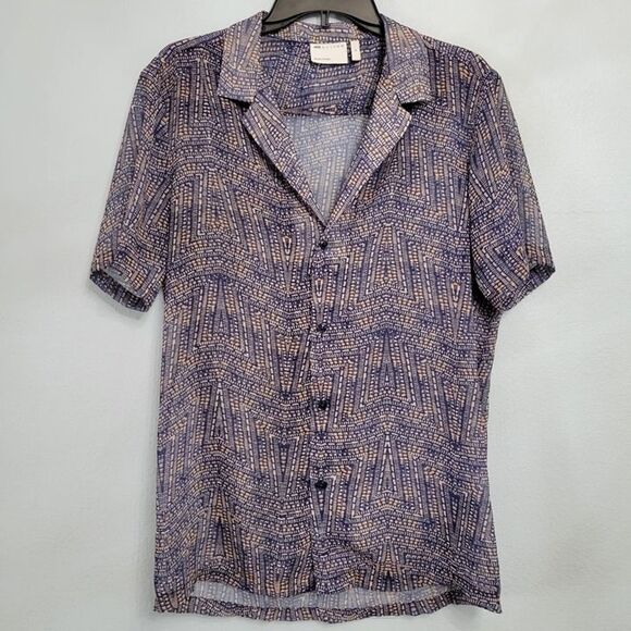 ASOS Design Sheer Button Up Shirt Short Sleeve Blue Pink Abstract Camp Collar MD - Picture 1 of 7